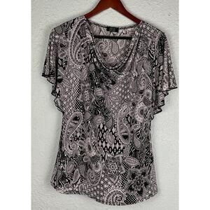 Shannon Ford New York Medium Black White Flutter Sleeve Cowl Neck Sequins